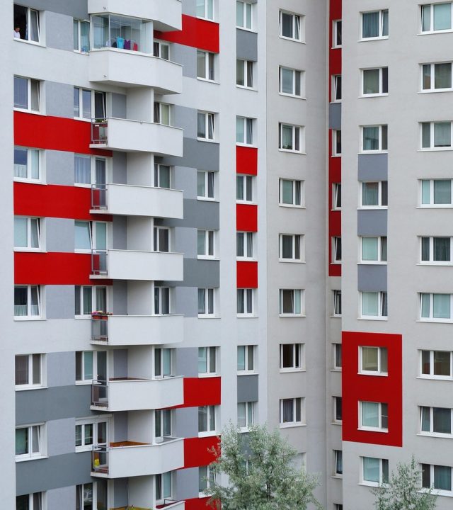 prefabricated buildings, block of flats, house, housing estate, windows, balconies, a tree